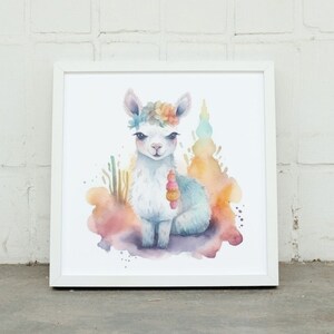 Colorful funny llama illustration in watercolor style. Printable digital file ideal for decorating a child&#39;s or baby&#39;s room.