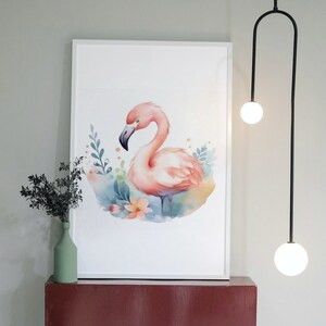 May include: A watercolour painting of a pink flamingo standing in a field of flowers. The flamingo is facing left and has its head turned to the right. The flowers are in shades of pink, yellow, and green.