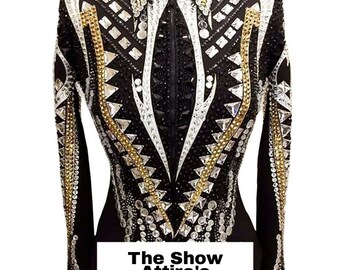 Golden+Periwinkle White Accents on Black Base Showmanship Jacket, Horsemanship Jacket,