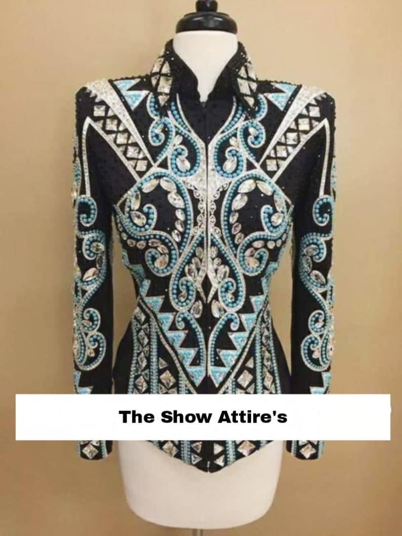 Hot selling Turquoise and silver with black base Show Jacket Rodeo queen dress Horse Riding Showmanship Sportsmanship Horsemanship Pleasure.