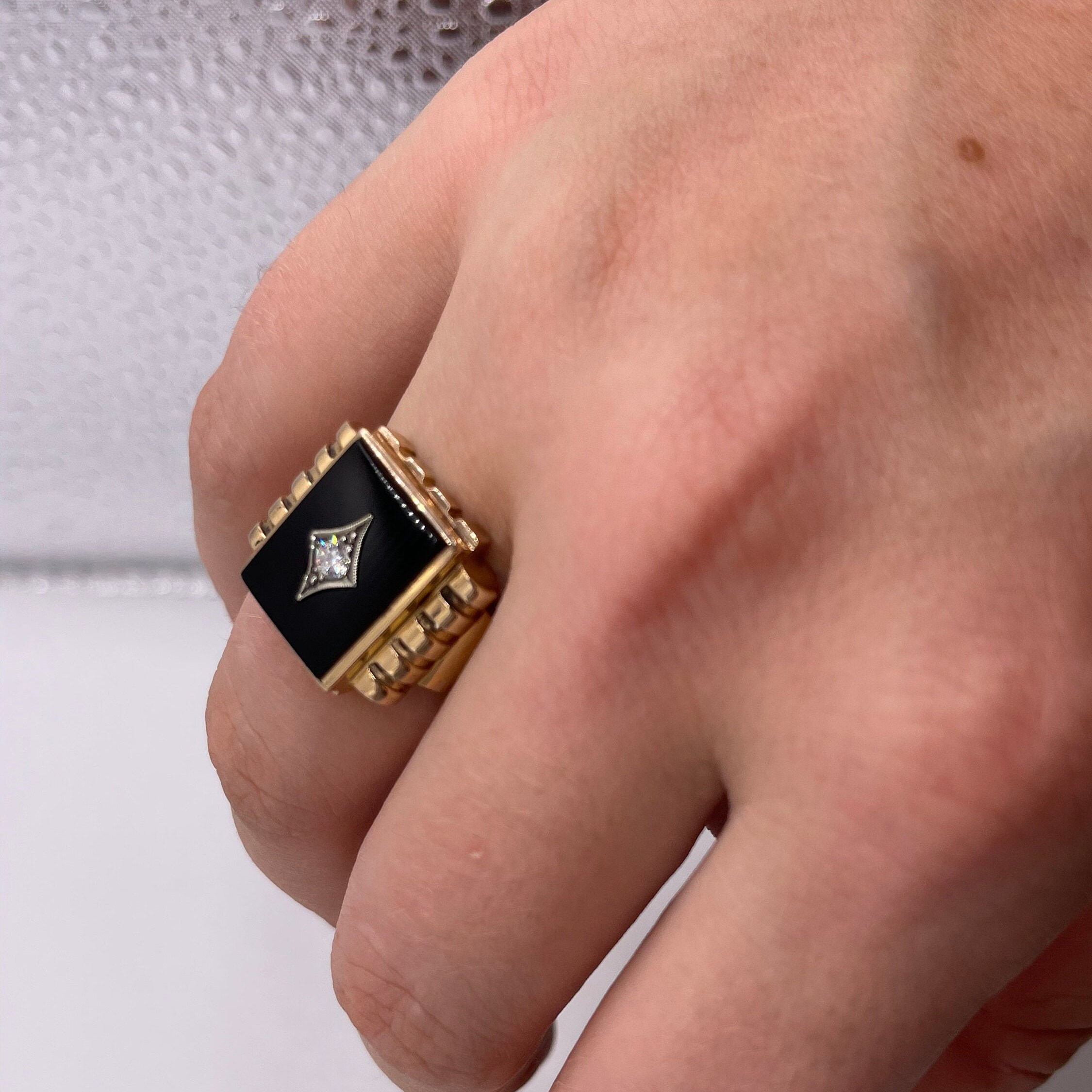 Mens Onyx Fashion Ring With Diamond Center Stone Set in 10K Yellow Gold
