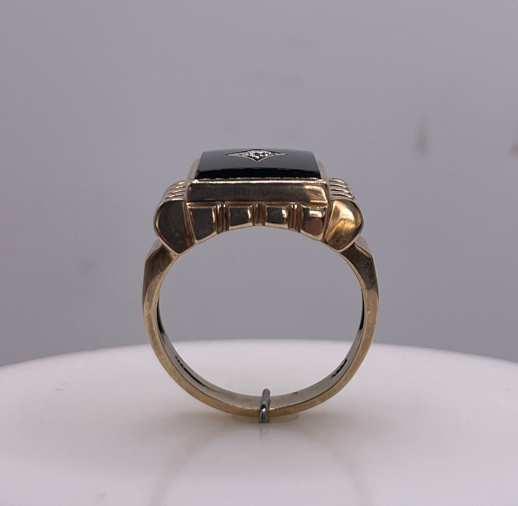 Mens Onyx Fashion Ring With Diamond Center Stone Set in 10K Yellow Gold
