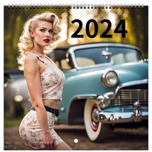 Calendrier 2024 années 1950, vraies pin-ups avec des voitures, 14 pages  brillantes au format A4, agenda annuel mensuel, sexy jolie fille bas -   Canada