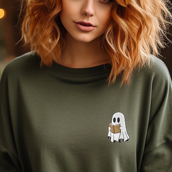 EMBROIDERED BOOK GHOST Sweatshirt, ghost reading book Halloween Crewneck, embroidered Halloween crewneck, Halloween sweatshirt book lover