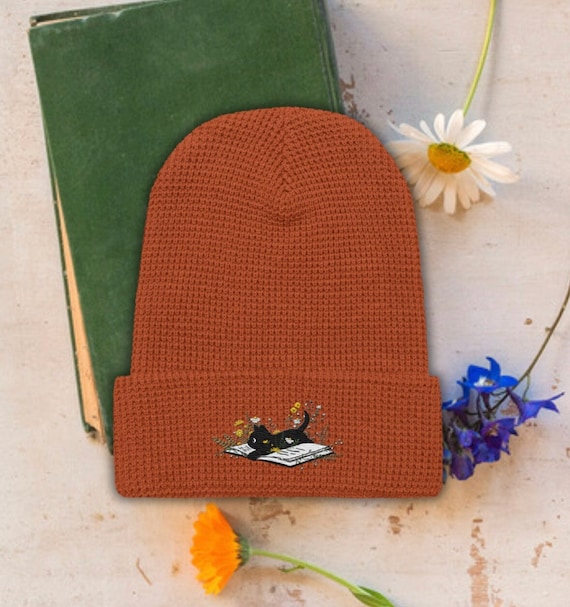 EMBROIDERED Bookish hat, Book Lover beanie, Gift for Cat Lover, caturday hat, Librarian Gifts For Women, Floral Cat shirt