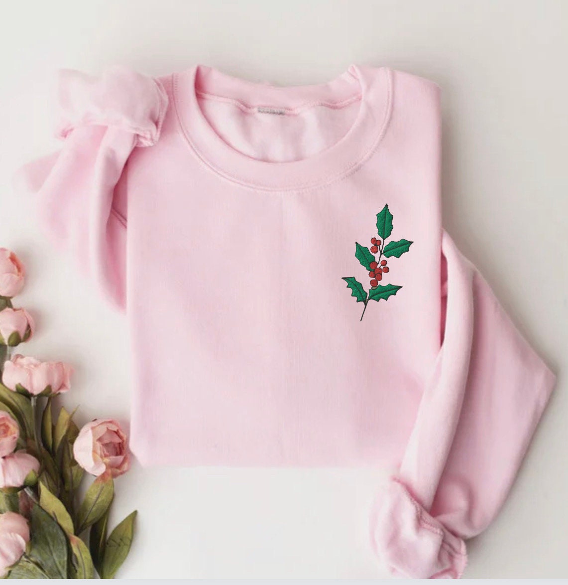 【CPGN STUDIO】Glitter Holly Embroidery Sweatshirt Embroidered Holly Sweatshirt, Embroidered Christmas