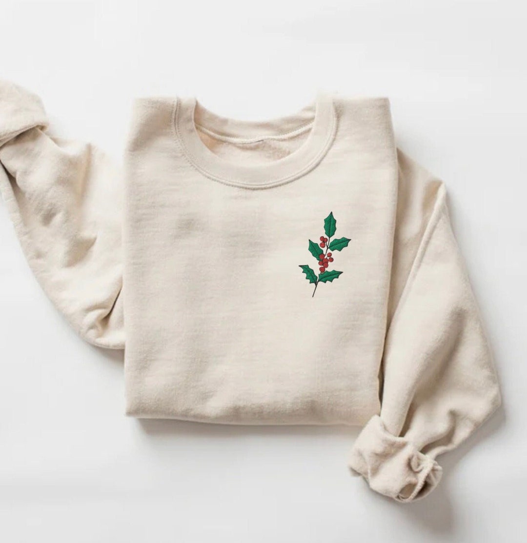 EMBROIDERED Holly Sweatshirt, Embroidered Christmas Sweatshirt - Main Image