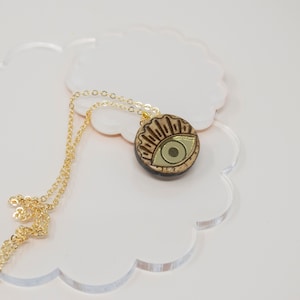 Evil eye wood necklace, wood eye necklace, carved wood eye necklace, mirrored eye necklace