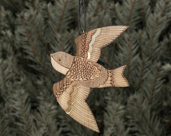 Wood bird with gold mirror ornament, Christmas wood ornament, woodland bird ornament, woodland themed ornament, bird flying ornament.