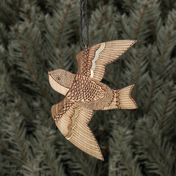 Wood bird with gold mirror ornament, Christmas wood ornament, woodland bird ornament, woodland themed ornament, bird flying ornament.