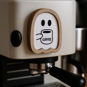Imán de fantasma de Halloween, linda decoración de cocina fantasma, decoración de cocina espeluznante, arte de cocina fantasma, amante del café, imán de madera, pin de imán fantasma