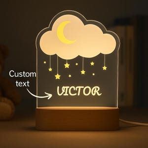 Personalized Baby Night Light: Engraved Wood Base, Acrylic Lamp