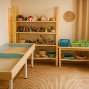 Pode incluir: Uma área de recreação infantil com prateleiras de madeira cheias de brinquedos, cestas e casas em miniatura. Uma mesa de areia com interior azul está em primeiro plano. Um tapete tecido e uma decoração de parede redonda completam a cena.