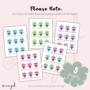 Puede incluir: Cinco p&aacute;ginas imprimibles de pegatinas con ilustraciones de gemas coloridas con el texto "You are a GEM".