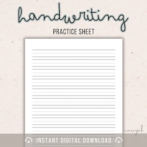 May include: A blank handwriting practice sheet with lined paper. The sheet has the text "handwriting practice sheet" at the top and "instant digital download" at the bottom.