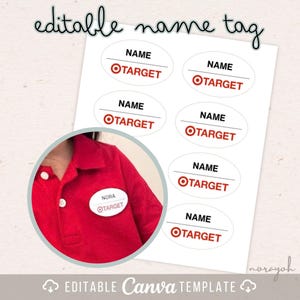 Könnte beinhalten: Ein Bogen mit sechs ovalen, bearbeitbaren Namensschildern mit dem Target-Logo und dem Wort NAME in schwarzer Schrift. Ein kreisförmiger Ausschnitt zeigt ein rotes Poloshirt mit einem weißen, ovalen Namensschild auf der Brust mit dem Namen NORA und dem Target-Logo.