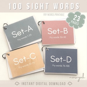 Fichier imprimable des 100 premiers mots FRY SIGHT | Apprendre à lire Flashcard | École à la maison | Cartes de lecture pour la maternelle, la maternelle, la 1re année