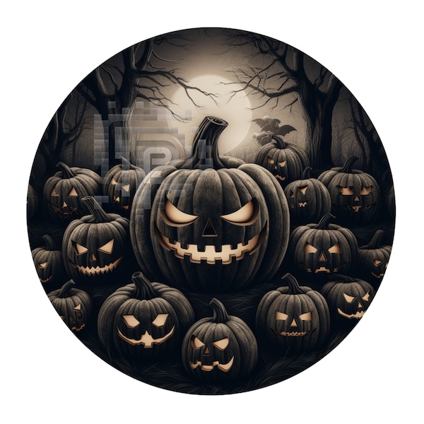 Clipart PNG Halloween Grayscale Graveyard JackoLantern Pumpkin Full Moon Bat Tree Eerie Spooky Round Sticker Transparent Frame Commercial