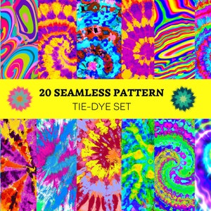 Könnte beinhalten: Ein Set mit 20 nahtlosen Batik-Mustern in verschiedenen Farben, darunter Blau, Rosa, Gelb, Grün und Lila. Die Muster sind alle abstrakt und wirbelförmig und erzeugen einen psychedelischen Effekt.