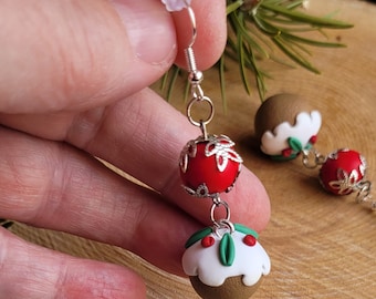 Christmas pudding earrings polymer clay plum pudding earrings handmade fruit cake dangles Xmas figgy pudding holiday jewelry drop earrings