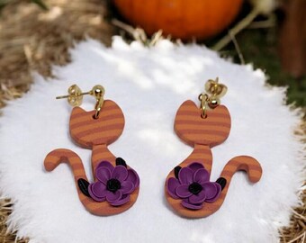 Handmade Tabby Cat Dangle Earrings: Polymer Clay Halloween Jewelry