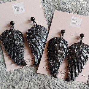 Black Raven Wing Earrings: Polymer Clay Feather Dangles, Sterling Silver Studs