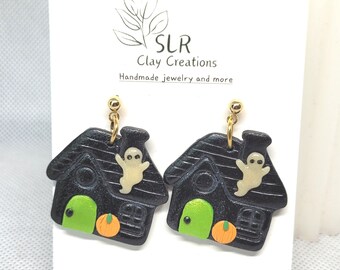 Handmade clay haunted house earrings Halloween themed earrings Fall earring decor
