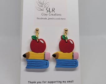 Handmade Polymer Clay Teacher Earrings: Apple, Book & Pencil Dangles