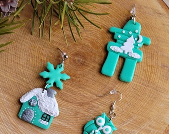 Winter earrings| holiday earrings| owl earrings| inukshuk earrings| cabin earrings| handmade polymer clay jewelry| gift for friend| dangles