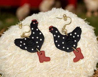 Handmade Chicken in Boots Earrings: Polymer Clay Fall Jewelry