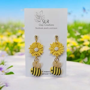 Bee Earrings Handmade Polymer Clay Bumblebee Earrings Bug Jewelry Summer Dangles Statement Earrings Unique Gift For Her Birthday Gift Idea