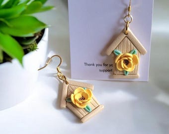 Polymer Clay Birdhouse Earrings: Floral Dangles, 18k Gold Plated