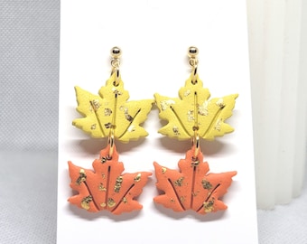 Handmade Maple Leaf Earrings: Fall Colors, Gold Leaf Polymer Clay