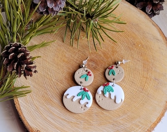 Christmas pudding earrings|figgy pudding earrings| plum pudding dangles| polymer clay handmade jewelry| gift for sister| gift for teacher