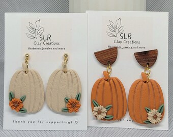 Handmade Clay Pumpkin Earrings: Floral Fall Jewelry