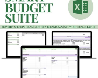 May include: A screenshot of a computer screen showing a spreadsheet program with the title "SMART BUDGET SUITE". The spreadsheet is divided into three sections: "Monthly Spending Plan", "Monthly Breakdown", and "Net Worth Calculator".