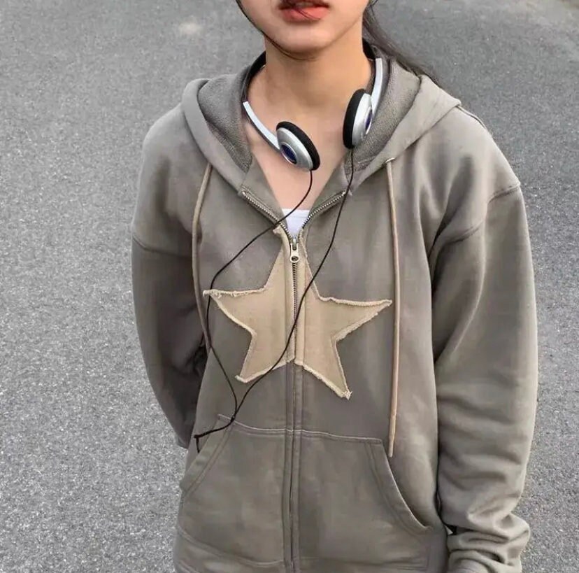 Y2K Zip Up Star Hoodie Trendy Star Print Hoodie Cyber Y2K - Etsy Polska