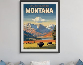 Montana Vintage Travel Poster - Western Wilderness Adventure Art, Retro National Park Wall Decor