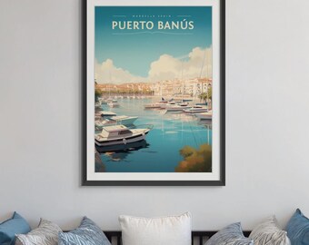 Puerto Banus Spain Vintage Travel Poster - Luxury Mediterranean Harbor, Retro Nautical Art, Costa del Sol Decor