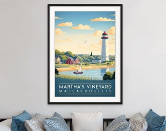 Martha's Vineyard Vintage Travel Poster - Retro Wall Decor for Vacation Rental, Coastal Home Artwork, Massachusetts Travel Decor