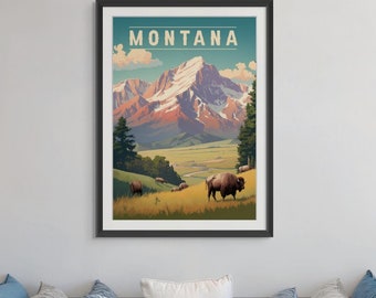 Montana Vintage Travel Poster - Western Wilderness Adventure Art, Retro National Park Wall Decor