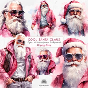Legal Papai Noel com óculos de sol clipart | Edição Papai Noel Rosa | Clipart De Natal Costeiro Papai Noel PNGs com Fundo Transparente