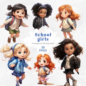 Imágenes Prediseñadas de niñas de la escuela, Imágenes Prediseñadas de vuelta al cole, Imágenes Prediseñadas de niña bonita, Decoración de guardería de otoño, Descarga digital, Niña con mochila PNG, PNG para niños