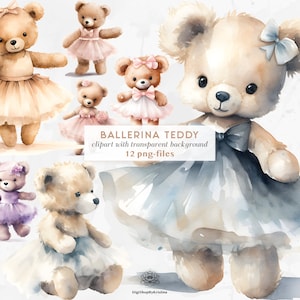 Uroczy mały baletnica Teddy Clipart Set | Akwarele Teddy Pngs | Tutu Teddy tańczący Clipart | Dziewczęcy wystrój pokoju dziecięcego Pastelowe i neutralne kolory