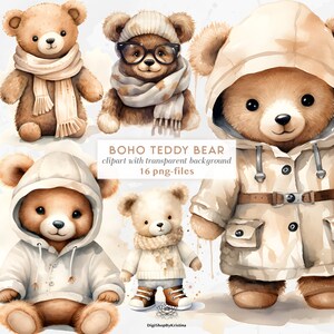 Schattige Boho teddyberen clipart set | Aquarel Teddy PNG | Boho dieren clipart | Teddybeer kinderkamer decor | Schattige knuffels met capuchon