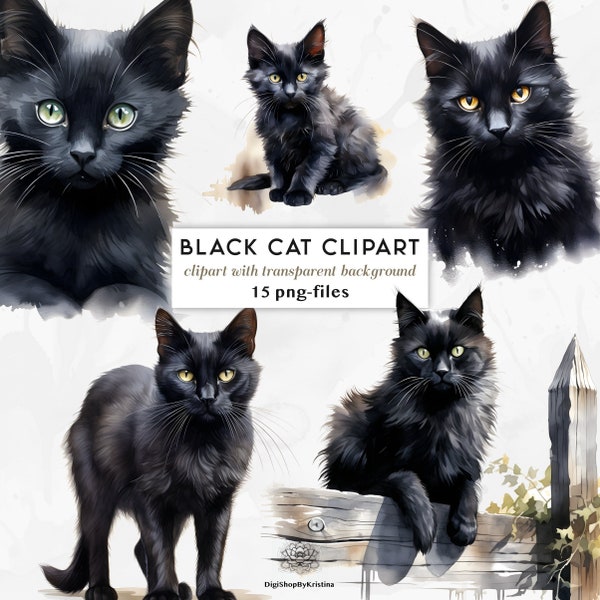 Watercolor Black Cat Clipart | Cats PNGs Transparent Background | Halloween Clipart Cat | Black Cute Cat PNG | Black Kitten Clipart PNGs