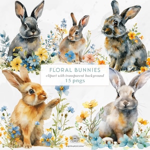 Cute Floral Bunnies Clipart | Easter Bunny Clipart Cute Animals | Watercolor Bunny with Flowers | Watercolor Easter Clipart PNGs Download