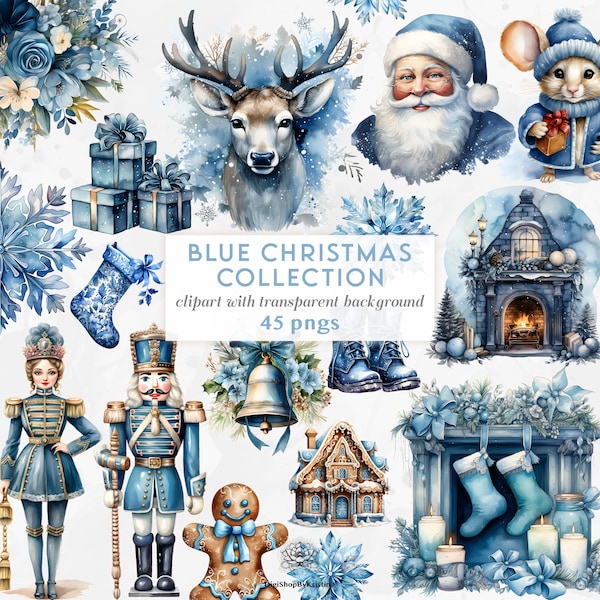 Blue Christmas Clipart Collection | Blue Watercolor Christmas Bundle | Girly Christmas PNGs | Cute Christmas Clipart Bundle | Blue Winter