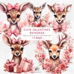 Süße rosa Valentins-Rentier-Cliparts | Aquarell Valentinstag Clipart | Süße Valentinstag-Tiere Clipart | Rosa Rentier Jahrestag Clipart PNG