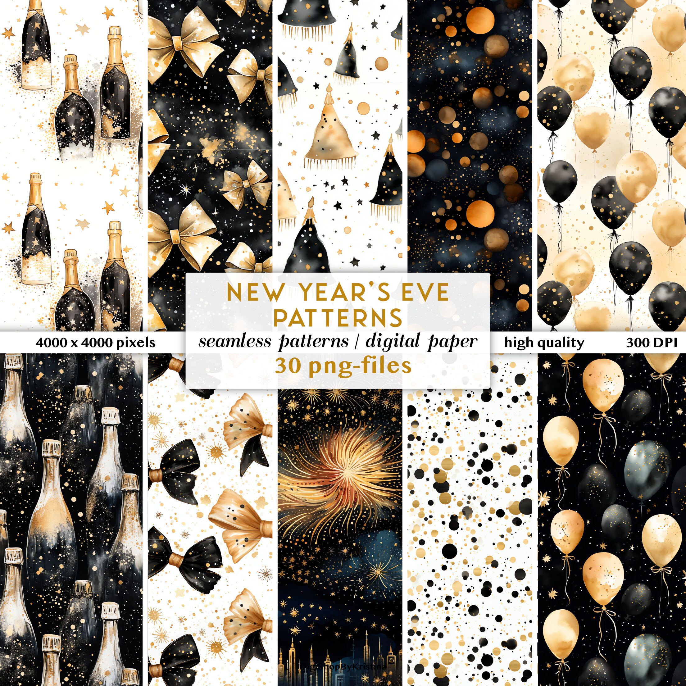 Black and Gold New Year's Eve Seamless Pattern | Christmas Digital Paper | Black and Gold Birthday Paper | Party Digital Paper Seamless PNGs